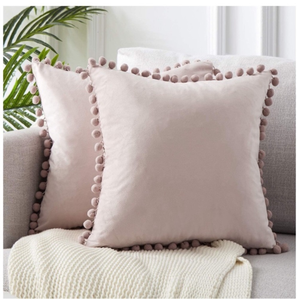 Trendy Light Grey Modern Cute Preppy Pompom Fringe Throw Pillow Cover Twin Set - Picture 8 of 16